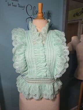 Ultra Flirty and Feminine Mint Green Lace Ruffle Blouse